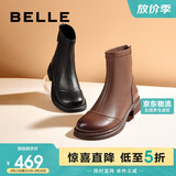 百丽女鞋牛皮时装靴冬季弹力短靴百搭显瘦瘦靴B1538DD5 甜酷黑 36