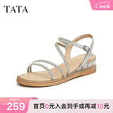 他她（TATA）绝美坡跟凉鞋女外穿一字带时装凉鞋秋季新款7UA03BL4 银色 35