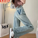 梵昇昱直筒牛仔裤女高腰窄版2026春夏新款浅色复古潮流显瘦遮肉阔腿裤 直筒牛仔裤【字母V】复古蓝 常规 L 【109-120斤】