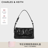 CHARLES&KEITH褶皱油蜡皮斜挎小方包手提包腋下包女士母亲节礼物CK2-80160183 Noir黑色 S