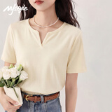 MJ STYLE短款短袖T恤女2026夏季正肩小V领修身显瘦百搭简约紧身打底衫上衣