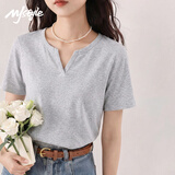 MJ STYLE短款短袖T恤女2026夏季正肩小V领修身显瘦百搭简约紧身打底衫上衣