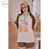 果壳（Gukoo）26新款睡衣女夏季原创卡通可爱条纹插肩袖纯棉宽松女家居服套装B 浅咖轰轰小狗套装 M
