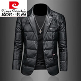 皮尔卡丹（pierre cardin）冬季轻薄羽绒服男士潮牌亮皮西装领商务休闲短款修身外套上衣男 黑色 M