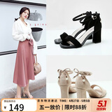ZHR凉鞋女高跟蝴蝶结珍珠装饰一字带甜美清新露趾仙女风百搭粗跟 F160 黑色 34