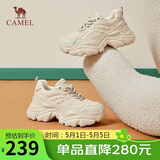 骆驼（CAMEL）老爹鞋女网布皮面拼接双系带厚底休闲鞋 L24S283079 杏色 38