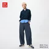 优衣库休闲廓形长裤/系腰带/常规款女装/弯刀镰刀裤子485273 69 藏青色 L
