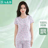 AB纯棉女中老年夏薄款家居服妈妈上衣宽松大码印花短袖汗衫 含苞【上衣】 L
