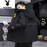 花花公子（PLAYBOY）棉服男冬季潮流秋冬款宽松连帽外套男棉衣羽休闲绒服棉袄男装 118黑色夹克款 XL （约120-130斤可穿)