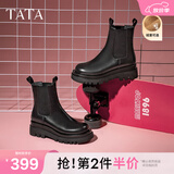 他她（TATA）英伦风切尔西靴女显瘦加绒厚底烟筒靴时装靴冬新GXB01DD4 黑色（绒里） 37