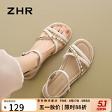 ZHR凉鞋女夏季外穿配裙子休闲女鞋仙女一字带粗低跟平底鞋CE56米色37