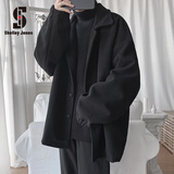 Shelley Jones毛呢大衣男生秋冬季ins港风外套潮流休闲帅气上衣服短款风衣男装 N2070黑色常规款 2XL (建议150-170斤)