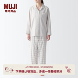 MUJI 女式 无侧缝双层纱织睡衣女士家居服春秋纯棉条纹格纹长袖 女款 浅米色格纹 XL (上装165/92A下装165/74A)