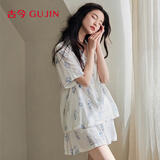 古今（GUJIN）轻薄棉纱100%棉纯棉短袖透气睡衣女夏季家居服可外穿大码套装L