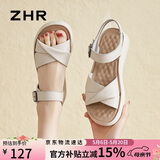 ZHR头层牛皮厚底凉鞋女夏透气露趾舒适皮鞋软底一字带女鞋EQ05米色37