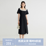 独束大码女装优雅蕾丝花边领小黑裙夏装赫本风高腰A字中长款裙子 赫本黑-长款 4XL (尺码：6)