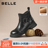 百丽（Belle）黑巧靴抓皱牛皮时装靴女冬季新款商场同款切尔西短靴E8P1DDD5 黑色-绒里 37 (235mm)