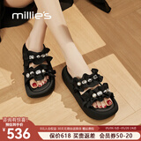 妙丽（Millies）拖鞋女外穿仙女风厚底露趾一字带2026夏季新款百搭松糕轻便凉拖鞋 黑色 跟高5cm 37