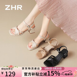 ZHR则则凉鞋女夏季复古法式一字带粗跟女鞋气质增高跟鞋子女JF593杏色37