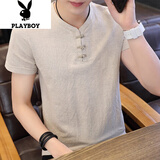 花花公子（PLAYBOY）短袖T恤男士夏季新款薄款中国风仿棉麻短袖男纯色半袖上衣服男装 9810卡其色 L