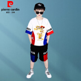 皮尔卡丹（pierre cardin）童装男孩穿的4-14岁儿童装夏装2025新款短袖套装衣服6中大童街舞 白色(上衣+裤子) 130 建议身高1.2米左右40-50斤
