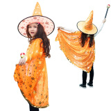 曼比鱼 万圣节服装儿童男女孩 面具万圣节道具披风装饰品节日表演舞台服饰 耀橙魔法帽+披风+魔法棒+南瓜袋