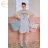 果壳（Gukoo）睡衣女夏季原创卡通可爱条纹插肩袖纯棉宽松女家居服睡裙B 海湾蓝料理鼠王睡裙 L