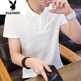 花花公子（PLAYBOY）短袖T恤男士夏季新款薄款中国风仿棉麻短袖男纯色半袖上衣服男装 9810乳白色 3XL