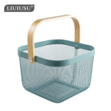 LIUIUSU木柄手提篮 北欧铁艺提篮收纳篮 创意整理篮收纳筐铁艺网篮木把手 莫甘蓝
