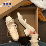 逸兰朵法式绝美浅口粗跟单鞋女2026新款甜美少女蝴蝶结配裙子玛丽珍女鞋 米白色【升级版】 37 (235mm)