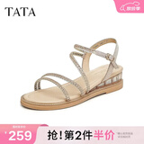 他她（TATA）绝美坡跟凉鞋女外穿一字带时装凉鞋秋季新款7UA03BL4 金色 35