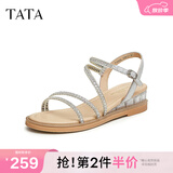 他她（TATA）绝美坡跟凉鞋女外穿一字带时装凉鞋秋季新款7UA03BL4 银色 34