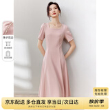 尚都比拉短袖连衣裙女夏季时尚通勤中长款a字裙钉珠收腰显瘦裙子 粉色 S