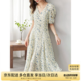 尚都比拉夏季法式碎花连衣裙泡泡袖茶歇裙气质女神范裙子 杏底蓝花 XL 