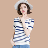 记述T恤女短袖春装夏新款宽松显瘦百搭针织薄款款打底衫时尚气质 条纹宝蓝 M #