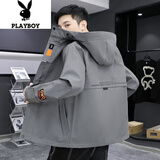 花花公子（PLAYBOY）棉服男冬季潮流秋冬款宽松连帽外套男棉衣羽休闲绒服棉袄男装 118深灰色夹克款 XL （约120-130斤可穿)