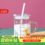 唯铭诺玻璃杯儿童牛奶杯喝奶杯带刻度玻璃量水杯家用早餐卡通吸管杯带盖