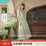 茵曼（INMAN）法式薄荷曼波连衣裙2024夏女装新品V领灯笼袖抽绳 水沫绿 XL