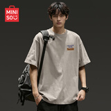 名创优品（MINISO）纯棉短袖男夏季男士t恤百搭潮流休闲长袖男款重磅220G复古半截袖 【220G精梳棉短袖】沙色(记忆便签胸标) L /175(售后专业有保障)