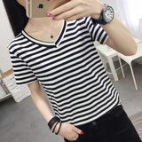 妃丽慕尚（FEILIMUSHANG）2025夏季新款正肩V领条纹短袖T恤女韩版宽松显瘦遮肚半袖上衣 35条纹-白色 3XL 建议145-160斤