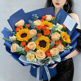 馨仪鲜花速递玫瑰向日葵康乃馨花束送女友生日礼物全国同城配送 向日葵香槟玫瑰混搭花束