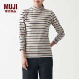 MUJI MUJI 女式 弹力罗纹编织 半高领长袖T恤 BBM02A1A 打底衫 米色条纹 M
