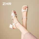 ZHR则则凉鞋女夏季复古法式一字带粗跟女鞋气质增高跟鞋子女JF593米色37