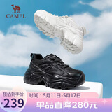 骆驼（CAMEL）老爹鞋女网布皮面拼接双系带厚底休闲鞋 L23S703108W 黑色透网 37