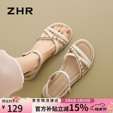 ZHR凉鞋女夏季外穿配裙子休闲女鞋仙女一字带粗低跟平底鞋CE56米色40