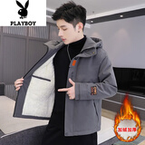 花花公子（PLAYBOY）棉服男冬季潮流秋冬款宽松连帽外套男棉衣羽休闲绒服棉袄男装 118深灰色加绒 XL （约120-130斤可穿)