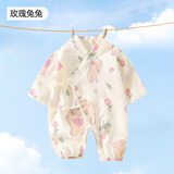 婧麒（JOYNCLEON）婴儿夏季薄款衣服纯棉双层纱布连体衣棉纱宝宝和尚服短袖外出哈衣 玫瑰兔兔 66cm 【3-6个月体重6.8-8.9kg】