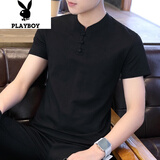 花花公子（PLAYBOY）短袖T恤男士夏季新款薄款中国风仿棉麻短袖男纯色半袖上衣服男装 9810黑色 4XL