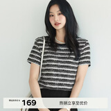 伊芙丽（eifini）【经典延续】伊芙丽通勤简约百搭肌理感条纹小香风针织短袖T恤女 黑色 L