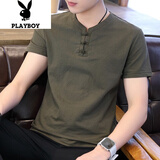花花公子（PLAYBOY）短袖T恤男士夏季新款薄款中国风仿棉麻短袖男纯色半袖上衣服男装 9810墨绿色 XL